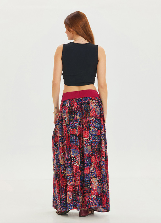 Red Ethnic Skirt with Elastic Waist and Drape Detail 4492